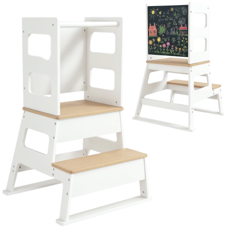 Dormitor & birou -  Turn de invatare pentru Copii 3-6 Ani cu Tabla si Balustrada de Siguranta, 55x52,5x87,5 cm, Alb