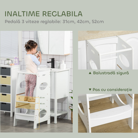  Turn Montessori pentru Copii, Learning Tower cu inaltime Reglabila pe 3 Niveluri, MDF, 40×50×90 cm, Alb [3]