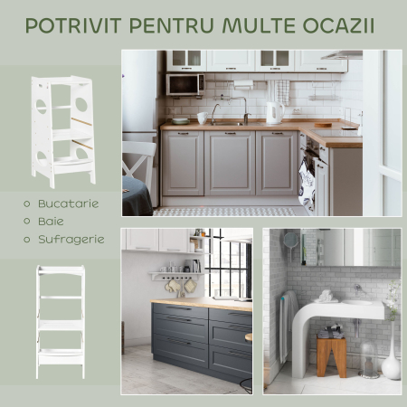  Turn Montessori pentru Copii, Learning Tower cu inaltime Reglabila pe 3 Niveluri, MDF, 40×50×90 cm, Alb [5]