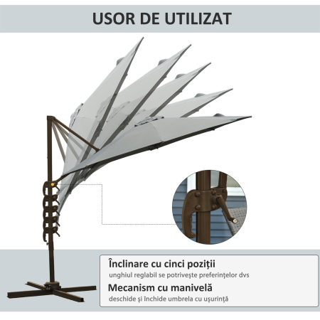  Umbrel de Gradina cu Manivela cu inclinare Reglabila, Umbrela cu Brat si Stinghii, Ø2.95x2.5 m, Gri [5]