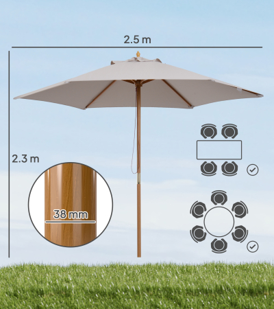  Umbrela de Gradina 2.5x2.3m, Umbrela Parasolar cu a 6 Nervuri din Lemn si Poliester, Alb Crem [2]