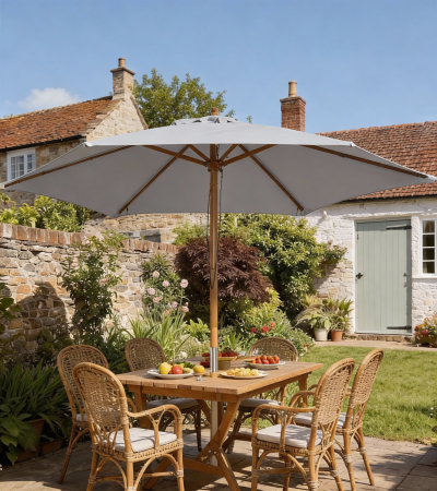  Umbrela de Gradina 2.5x2.3m, Umbrela Parasolar cu a 6 Nervuri din Lemn si Poliester, Alb Crem [1]