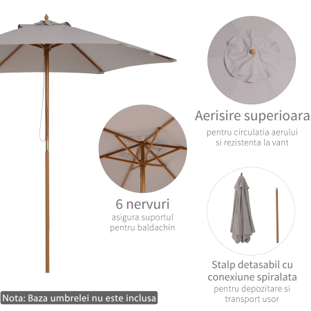  Umbrela de Gradina 2.5x2.3m, Umbrela Parasolar cu a 6 Nervuri din Lemn si Poliester, Alb Crem [3]