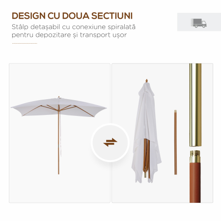  Umbrela de Gradina 2x3 m, Umbrela Parasolar Impermeabila din Lemn Lacuit cu Copertina Detasabila, Alb [4]