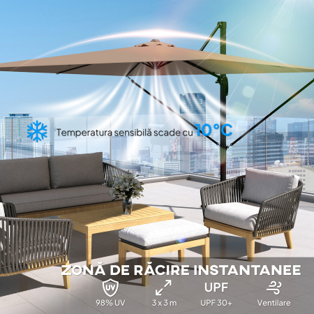  Umbrela de Gradina 3x3m Decentralizata cu Baza in Forma de Cruce si Acoperis, din Aluminiu, Kaki [3]