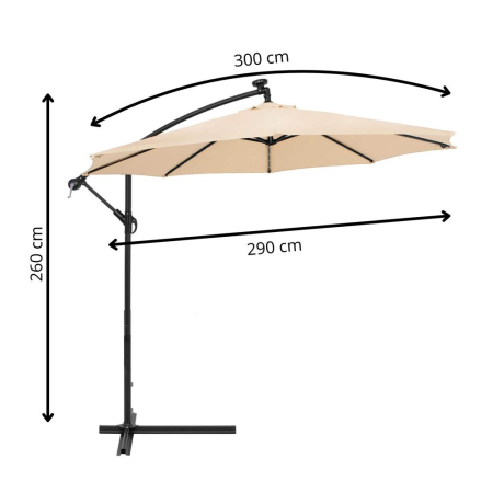 Umbrela gradina brat lateral tip banana cu iluminare LED solara, 32 LED-uri, protectie UPF 50+, husa inclusa, D300 cm, crem [18]