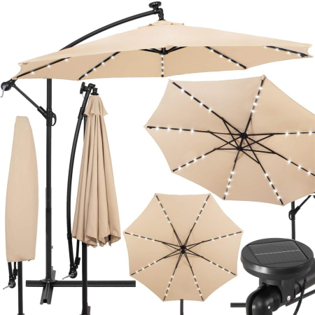 Gradina & balcon - Umbrela gradina brat lateral tip banana cu iluminare LED solara, 32 LED-uri, protectie UPF 50+, husa inclusa, D300 cm, crem