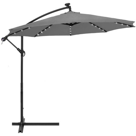 Gradina & balcon - Umbrela gradina brat lateral tip banana cu iluminare LED solara, 32 LED-uri, protectie UPF 50+, husa inclusa, D300 cm, gri