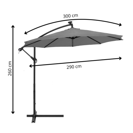 Umbrela gradina brat lateral tip banana cu iluminare LED solara, 32 LED-uri, protectie UPF 50+, husa inclusa, D300 cm, gri [21]