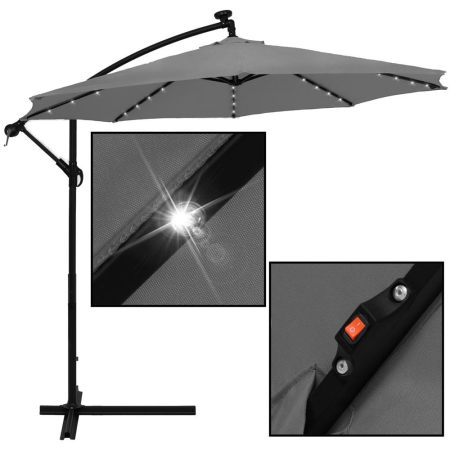 Umbrela gradina brat lateral tip banana cu iluminare LED solara, 32 LED-uri, protectie UPF 50+, husa inclusa, D300 cm, gri [20]