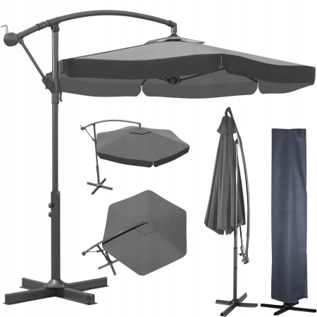 Umbrela de gradina cu brat lateral, inclinabila, panza poliester 160 g/mp, husa de protectie, 300 cm, gri [2]