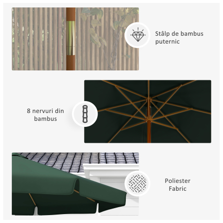  Umbrela de Gradina cu Corzi, Deschidere Reglabila si Orificii de Ventilatie, Ø325x250 cm, Verde [6]