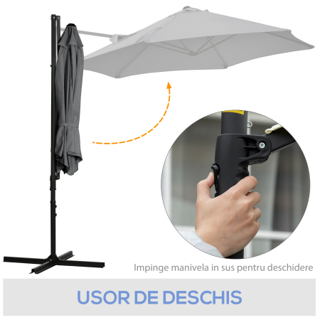  Umbrela de Gradina cu Rotatie la 360°, Brat, Baza in Cruce si Orificiu de Ventilatie, Ø256x245 cm, Gri inchis [3]