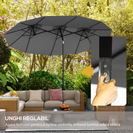  Umbrela de Gradina Dubla inclinabila 45°, cu Manivela si 3 Orificii de Ventilatie, 295x152x222 cm, Gri [3]