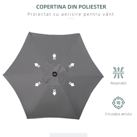 Umbrela de Gradina inclinabila, cu Orificiu de Ventilatie si 6 Brate, Ø196x204 cm, Gri [5]