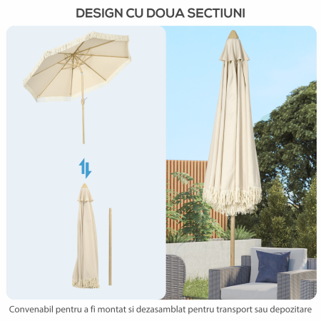  Umbrela de Gradina inclinabila pe 3 Niveluri cu Franjuri, Manivela si Tija cu 2 Sectiuni, Ø265x244 cm, Crem [7]