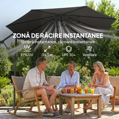  Umbrela de Gradina Suspendata 3x3m cu Baldachin Reglabil, Baza in Cruce, Ventilatie, Manivela, Umbrela Decentralizata inclinabila din Metal si Poliester, pentru Curte Terasa, Negru [3]