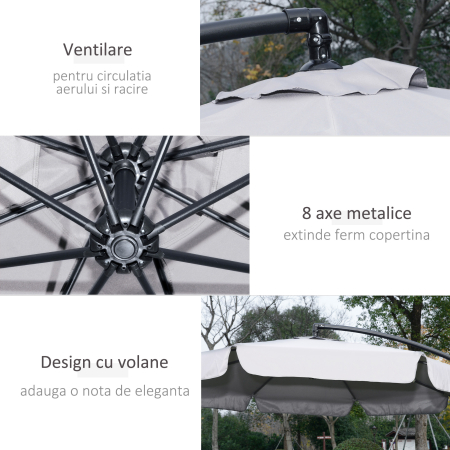  Umbrela de gradina suspendata cu deschidere cu manivela, din metal si poliester, Ø2,7x2,7 m, gri [5]