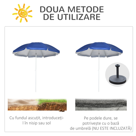  Umbrela de Plaja cu Acoperis inclinabil la 45°, Ferestre si 2 Buzunare, Ø191x211 cm, Albastru [5]