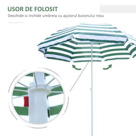  Umbrela de Plaja cu Acoperis inclinabil la 45°, Ø1.8x2 m, Verde si Alb [3]