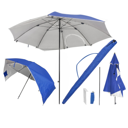 Gradina & balcon - Umbrela de plaja tip cort 2 in 1 cu paravan lateral, ventilatie si protectie UV, diametru 213 cm, albastru