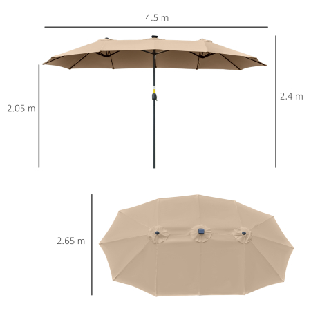  Umbrela de soare de Gradina 4,5 m cu 48 de Lumini LED cu Energie Solara, Umbrala de Soare Dubla cu Manivela, Kaki [2]