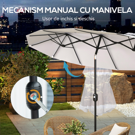  Umbrela de soare de gradina basculabila dubla cu deschidere cu manivela, copertina cu orificii cu ventilatie si 12 nervuri, 295x152x222cm, alb [5]