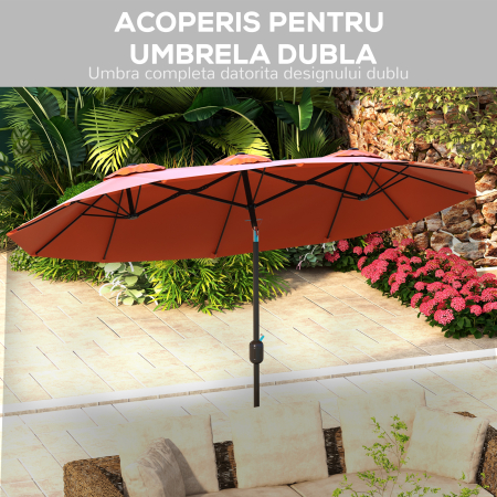  Umbrela de soare de gradina basculabila dubla cu deschidere cu manivela, copertina cu orificii de ventilatie si 12 nervuri, 295x152x222cm, rosu [4]
