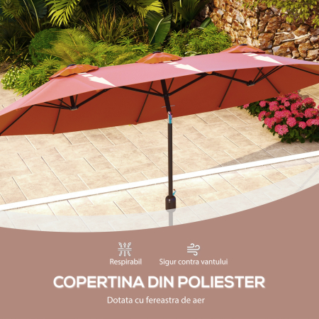  Umbrela de soare de gradina basculabila dubla cu deschidere cu manivela, copertina cu orificii de ventilatie si 12 nervuri, 295x152x222cm, rosu [6]