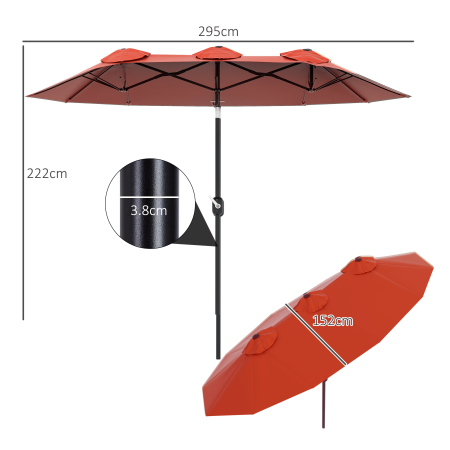  Umbrela de soare de gradina basculabila dubla cu deschidere cu manivela, copertina cu orificii de ventilatie si 12 nervuri, 295x152x222cm, rosu [2]