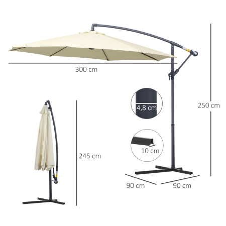  Umbrela de Soare Excentrica cu Baza in Cruce Inclusa, din Metal si Poliester, 3x2,5 m, Bej [2]