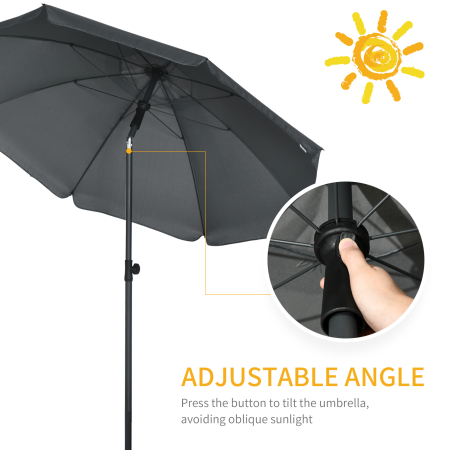 Umbrela de soare pentru plaja din Poliester si Otel cu 8 Nervuri, cu Tetiera care se Inclina la 45° si Design in 2 Sectiuni, Ø180x209 cm, Gri [4]