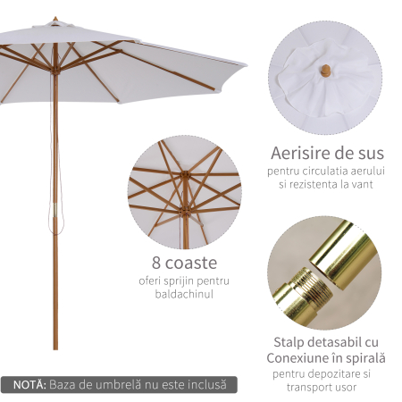  Umbrela din Lemn Umbrela Soare pentru Gradina Balcon Alb 3 m [4]