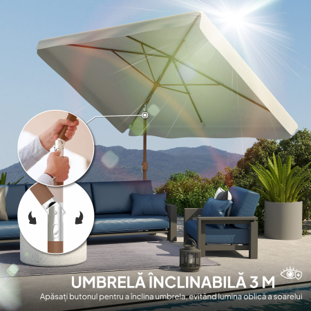  Umbrela dreptunghiulara de gradina 2x3 m cu manivela, din metal si poliester, crem [3]