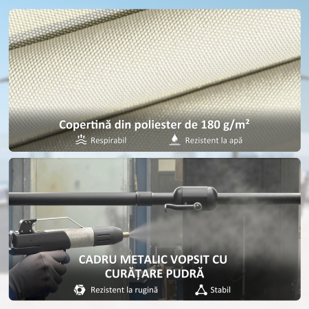  Umbrela Dubla cu 12 Spite, Manivela, Baza in Forma de Cruce si Saci, din Metal si Poliester, 3x1.5 m, Bej [6]