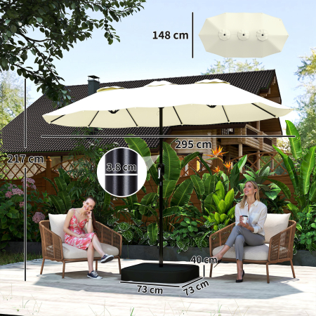  Umbrela Dubla cu 12 Spite, Manivela, Baza in Forma de Cruce si Saci, din Metal si Poliester, 3x1.5 m, Bej [2]