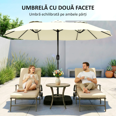  Umbrela Dubla cu 12 Spite, Manivela, Baza in Forma de Cruce si Saci, din Metal si Poliester, 3x1.5 m, Bej [5]