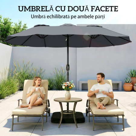  Umbrela Dubla cu 12 Spite, Manivela, Baza Metalica si Saci de Nisip, din Metal si Poliester, 3x1.5 m, Gri inchis [5]