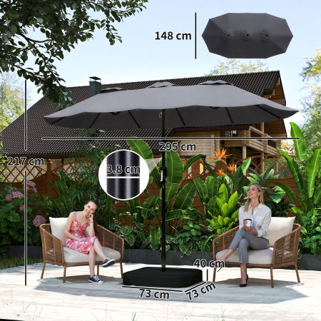  Umbrela Dubla cu 12 Spite, Manivela, Baza Metalica si Saci de Nisip, din Metal si Poliester, 3x1.5 m, Gri inchis [2]