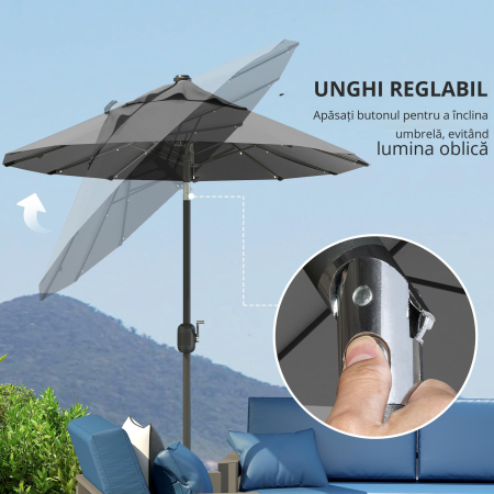  Umbrela dubla cu baza in forma de cruce si lumini solare, 295x150x219cm, gri [4]