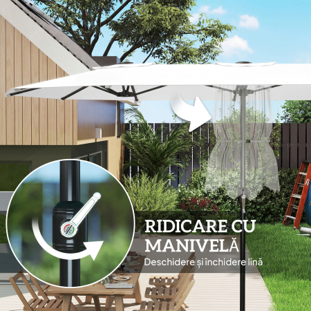  Umbrela Dubla de Gradina 4.6x2.7 m, Umbrela de Exterior cu Manivela, Husa Protectoare, 12 Spite, Anti UV 50+, pentru Terasa Balcon Piscina Gradina, Alb [6]