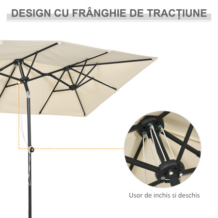  Umbrela Dubla Inclinabila si Reglabila cu Franghie, din Poliester si Metal, 150x295x170-214 cm, Crem [5]