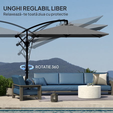  Umbrela Excentrica cu Husa, Corzi Antivant, Baza in Cruce si Manivela, 295x250x235 cm, Gri [5]