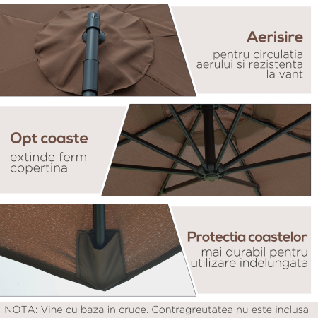  Umbrela Exterioara cu Manivela, din Otel si Poliester Rezistent la UV, Ø295x245 cm, Cafea [4]