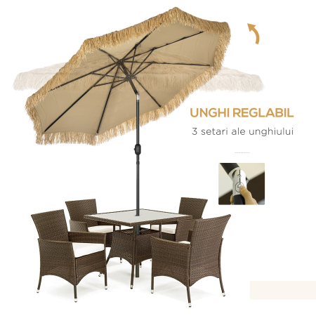  Umbrela pentru gradina cu paie, umbrela rotunda stil Hawai cu manivela, Ø265x250cm, kaki [6]