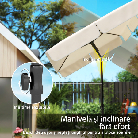  Umbrela Rectangulara cu 3 inclinatii si Manivela, din Metal si Poliester, 183x122x222 cm, Bej [5]