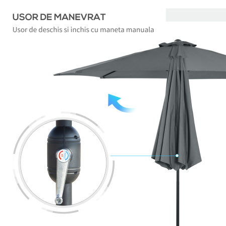  Umbrela Rotunda de 300x250cm cu Manivela si Functie de inclinare, Umbrela de Gradina, Terasa, Exterior, Metal si Poliester Gri inchis [4]
