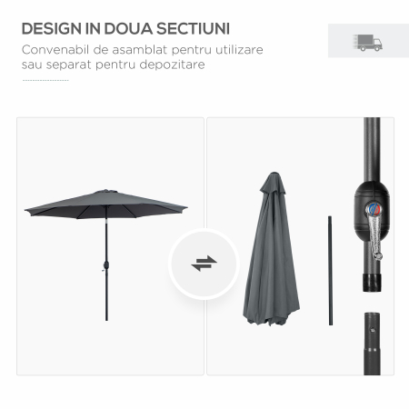  Umbrela Rotunda de 300x250cm cu Manivela si Functie de inclinare, Umbrela de Gradina, Terasa, Exterior, Metal si Poliester Gri inchis [5]