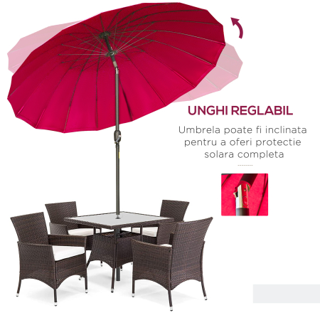  Umbrela Rotunda Pliabila cu 18 Spite si Manivela, din Metal si Poliester, Ø250x240 cm, Rosu Vin [4]