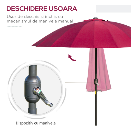  Umbrela Rotunda Pliabila cu 18 Spite si Manivela, din Metal si Poliester, Ø250x240 cm, Rosu Vin [3]